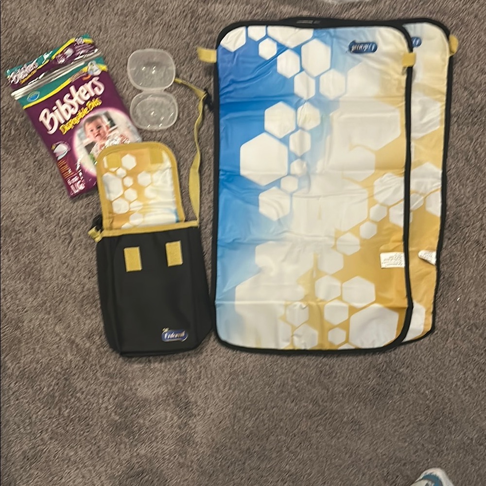 Blue and Yellow Changing Pad Set, disposable bibs, and nipple cover